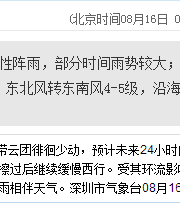深圳天氣（8.16）：陰天有陣雨 氣溫25-29℃